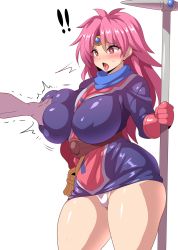 Rule 34 | 1girl, blush, grabbing another&#039;s breast, breasts, brown eyes, dragon quest, dragon quest dai no daibouken, covered erect nipples, gloves, grabbing, hand up, highres, huge breasts, konno tohiro, maam, miniskirt, open mouth, panties, pink hair, skirt, staff, thick thighs, thighs, tongue, tongue out, underwear, wide hips