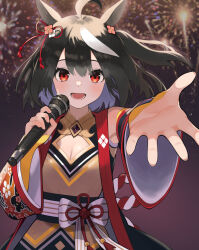 Rule 34 | 1girl, absurdres, ahoge, animal ears, black hair, breasts, cleavage, cleavage cutout, clothing cutout, commentary request, detached sleeves, ear ornament, fireworks, flower ornament, highres, holding, holding microphone, horse ears, horse girl, kitasan black (umamusume), long sleeves, looking at viewer, microphone, multicolored hair, open mouth, outdoors, outstretched arm, outstretched hand, red eyes, red ribbon, ribbon, short hair, sigolbyeol, smile, solo, streaked hair, two-tone hair, two side up, umamusume, upper body, white hair, wide sleeves