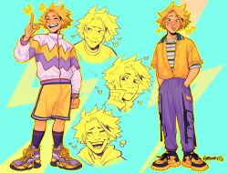 Rule 34 | 1boy, alternate costume, blonde hair, blue background, blush, boku no hero academia, closed eyes, closed mouth, commentary, english commentary, habkart, hands in pockets, heart, highres, jacket, jewelry, kaminari denki, long sleeves, looking at viewer, male focus, multiple views, necklace, open mouth, pants, purple footwear, purple pants, purple socks, shirt, shoes, short hair, short sleeves, shorts, signature, simple background, smile, sneakers, socks, standing, teeth, tongue, tongue out, yellow footwear, yellow shirt, yellow shorts