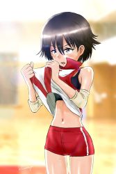 Rule 34 | 1girl, absurdres, artist name, black sports bra, blurry, blurry background, brown eyes, brown hair, clothes lift, cowboy shot, elbow pads, girls und panzer, half-closed eyes, highres, hiyama yuu (wee259hiyama), isobe noriko, lifting own clothes, looking to the side, navel, open mouth, red shirt, red shorts, shirt, shirt lift, short hair, short shorts, shorts, signature, single vertical stripe, sleeveless, sleeveless shirt, solo, sports bra, sportswear, sweat, volleyball uniform