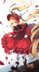 Rule 34 | 1girl, ankle cuffs, blonde hair, blue eyes, blunt bangs, bonnet, bow, clothes lift, commentary request, dress, dress bow, dress flower, dress lift, drill hair, expressionless, falling petals, flower, frilled dress, frills, hat, hat flower, highres, lolita fashion, long hair, looking at viewer, mary janes, pantyhose, petals, petticoat, plus1024, red dress, red hat, rose, rose petals, rozen maiden, shinku, shoe flower, shoes, simple background, twin drills, very long hair, white background, white pantyhose