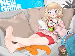 Rule 34 | 1girl, ahagon umiko, animal bag, backpack, bag, barefoot, blonde hair, blue eyes, book, character doll, closed mouth, couch, cushion, doll, full body, highres, holding, holding book, id card, indoors, jacket, lanyard, long hair, looking at viewer, menthako, new game!, open book, pantyhose, unworn pantyhose, pink jacket, red shorts, sakura nene, shark bag, shorts, sitting, smile, soles, solo, toes, tongue, tongue out, twintails