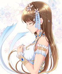Rule 34 | 1girl, absurdres, armlet, bare shoulders, blue brooch, blue nails, blush, bracelet, braid, breasts, brown flower, brown hair, closed eyes, closed mouth, dress, earrings, flower, from side, glint, hair flower, hair ornament, head chain, highres, idolmaster, idolmaster cinderella girls, idolmaster cinderella girls starlight stage, jewelry, kasumi seiki, long hair, medium breasts, nail polish, nitta minami, sleeveless, sleeveless dress, smile, snowflake background, solo, upper body, white background, white dress