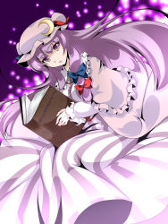 Rule 34 | 1girl, absurdres, book, bow, crescent, crescent moon, female focus, hair bow, hal (goshujinomocha), hal (haruna), hat, highres, long hair, moon, multicolored eyes, patchouli knowledge, purple eyes, purple hair, robe, solo, striped, touhou, yellow eyes
