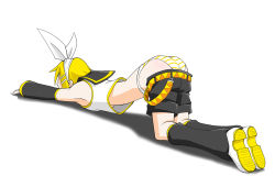 Rule 34 | 00s, 1girl, all fours, armpits, ass, bare shoulders, blonde hair, bow, breasts, clothes pull, detached sleeves, hair bow, hair ornament, hairclip, hayashi custom, kagamine rin, no bra, panties, shadow, shoes, short hair, shorts, shorts pull, simple background, small breasts, solo, striped clothes, striped panties, underboob, underwear, upshirt, vocaloid, white background, white bow