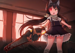 Rule 34 | 1girl, animal ears, black dress, black hair, blood, blood on clothes, bloody weapon, chainsaw, classroom, dress, frilled dress, frills, green eyes, hair ornament, hairclip, heterochromia, holding, holding chainsaw, long hair, neckerchief, open mouth, original, red eyes, short dress, socks, solo, striped clothes, striped socks, twintails, victor (tama e akira), weapon, white dress, zombie
