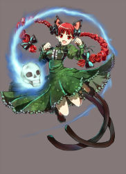 Rule 34 | 1girl, animal ears, bow, braid, breasts, cat ears, cat tail, clenched hands, dress, fang, flaming skull, frilled dress, frills, green dress, hair bow, highres, kaenbyou rin, long hair, long sleeves, looking at viewer, multiple tails, open mouth, red eyes, red hair, ribbon, skull, solo, tail, touhou, twin braids, yukiru (zoroacute)