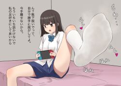 Rule 34 | 1girl, bed, brown eyes, feet, foot focus, foot up, handheld game console, highres, long hair, open mouth, shorts, sitting, socks, soles, steam, tinatinaj, translated, white socks