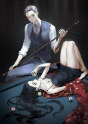 Rule 34 | 1boy, 1girl, arm tattoo, ball, belt, billiard ball, black belt, black dress, black hair, chest tattoo, closed mouth, collared shirt, cue stick, dress, formal, full body, genderswap, genderswap (mtf), grey pants, grey vest, haitani ran, highres, holding, holding ball, lawevy, long hair, looking at another, looking at viewer, lying, multicolored hair, neck tattoo, necktie, on back, pants, pink necktie, pool table, purple eyes, purple hair, shirt, short dress, short hair, sleeveless, sleeveless dress, sleeves rolled up, smile, table, tattoo, tokyo revengers, two-tone hair, vest, white shirt