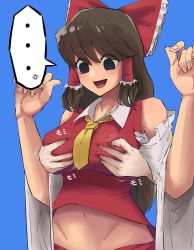 Rule 34 | ..., 1girl, 1other, :d, absurdres, anger vein, black eyes, blue background, blush, bow, grabbing another&#039;s breast, breasts, brown hair, collared shirt, commentary request, cookie (touhou), cowboy shot, crop top, detached sleeves, empty eyes, frilled hair tubes, frills, grabbing, grabbing from behind, hair bow, hair tubes, hakurei reimu, highres, large breasts, long hair, looking down, navel, necktie, noel (cookie), odoro (nicoseiga81184094), open mouth, red bow, red shirt, red skirt, shirt, simple background, skirt, sleeveless, sleeveless shirt, smile, solo focus, spoken anger vein, spoken ellipsis, touhou, white sleeves, yellow neckwear