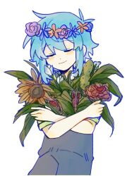 Rule 34 | 1boy, basil (headspace) (omori), basil (omori), blue hair, blush, bouquet, closed eyes, closed mouth, crossed arms, flower, gongs0313, green shirt, hair ornament, head wreath, holding, holding bouquet, lily (flower), male focus, omori, overalls, shirt, short hair, short sleeves, simple background, smile, solo, sunflower, white background
