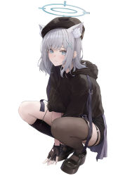 Rule 34 | 1girl, absurdres, alternate costume, animal ear fluff, animal ears, asymmetrical legwear, beret, black footwear, black gloves, black hat, black hoodie, black shorts, black socks, black thighhighs, blue archive, blue eyes, closed mouth, commentary request, cross hair ornament, expressionless, fingerless gloves, full body, gloves, grey hair, hair ornament, halo, hat, highres, hood, hoodie, looking at viewer, medium hair, mismatched legwear, mismatched pupils, nootak, o-ring, o-ring thigh strap, shiroko (blue archive), shorts, simple background, single thighhigh, socks, solo, squatting, thigh strap, thighhighs, white background, wolf ears