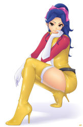 Rule 34 | 1970s (style), 1girl, blue hair, boots, bow, brown eyes, choudenji machine voltes v, elbow gloves, gloves, hair bow, high heel boots, high heels, highres, khalitzburg, legs, long hair, miniskirt, oka megumi, oldschool, ponytail, retro artstyle, shoes, skirt, smile, solo, squatting, thigh boots, thighhighs