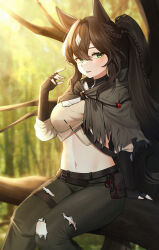 Rule 34 | 1girl, animal ears, arknights, belt, black belt, black gloves, black hair, black pants, braid, breasts, capelet, commentary request, crop top, feet out of frame, fingerless gloves, gloves, green eyes, grey capelet, grey shirt, hair between eyes, hair intakes, hand up, highres, horse ears, hyeroin, large breasts, long hair, looking at viewer, meteor (arknights), midriff, navel, pants, parted lips, ponytail, pouch, shirt, sitting, solo, stomach, thigh strap, very long hair