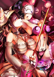 Rule 34 | 2girls, :d, armpits, bare shoulders, bell, black hair, breasts, detached sleeves, eyeshadow, facial tattoo, fur trim, hat, highres, holding, holding sword, holding weapon, horns, jester cap, jingle bell, kyukyutto (denryoku hatsuden), large breasts, lipstick, long hair, long sleeves, looking at another, lying, mahou shoujo ikusei keikaku, mahou shoujo ikusei keikaku jokers, makeup, mask, medium breasts, multiple girls, on back, on side, open mouth, parted lips, pink eyes, pink legwear, pity frederica, profile, red lips, sideways mouth, smile, stanczyka, star tattoo, sword, tattoo, thighhighs, very long hair, weapon