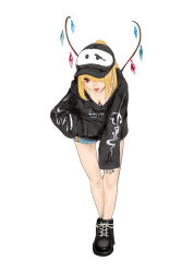 Rule 34 | 1girl, absurdres, alternate costume, black footwear, black hoodie, black nails, blonde hair, breasts, cleavage, denim, denim shorts, downblouse, flandre scarlet, full body, highres, hood, hoodie, leaning forward, long sleeves, looking at viewer, multicolored wings, nail polish, red eyes, shoelaces, shoes, shorts, simple background, small breasts, solo, standing, sugoiwaa44, tongue, tongue out, touhou, white background, wings