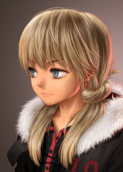 Rule 34 | 1girl, blonde hair, blue eyes, coat, frown, fur collar, highres, long hair, original, portrait, revision, rustle, solo, twintails