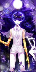 Rule 34 | 1other, absurdres, artist name, blue eyes, blue hair, bug, butterfly, curtains, feet out of frame, gem uniform (houseki no kuni), golden arms, hand up, heterochromia, highres, houseki no kuni, insect, looking at viewer, moon, necktie, open mouth, phosphophyllite (ll), purple eyes, see-through, sheya, shirt, short hair, short shorts, short sleeves, shorts, signature, smile, solo, sparkle, spoilers, standing, thighs, very short hair, white necktie, white shirt, white shorts, wide sleeves, wing collar