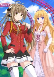 Rule 34 | 10s, 2girls, :d, :o, aiguillette, amagi brilliant park, antenna hair, blonde hair, blush, bow, brown hair, cloud, cowboy shot, day, dress, elbow gloves, gloves, hair ribbon, hand on own hip, hand on own chest, highres, impossible clothes, jewelry, kazenokaze, latifa fleuranza, long hair, multiple girls, necklace, open mouth, outdoors, pink dress, pleated skirt, ponytail, ribbon, roller coaster, sento isuzu, skirt, sky, smile, thighhighs, tiara, uniform, very long hair, white gloves, yellow eyes, zettai ryouiki