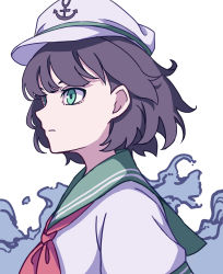 Rule 34 | 1girl, absurdres, anchor, black hair, closed mouth, eyebrows hidden by hair, flat color, green eyes, hat, highres, kame (kamepan44231), murasa minamitsu, one-hour drawing challenge, sailor collar, sailor hat, shirt, short hair, short sleeves, simple background, solo, touhou, upper body, water, white background, white hat, white shirt