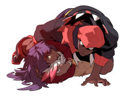 Rule 34 | 2boys, black hair, black hoodie, blood, closed mouth, commentary, creatures (company), dark-skinned male, dark skin, earrings, facial hair, frown, game freak, gen 8 pokemon, headband, highres, holding, holding pokemon, hood, hoodie, jewelry, leon (pokemon), long hair, looking at viewer, lying, male focus, multiple boys, nintendo, orange headband, pokemon, pokemon (creature), pokemon swsh, purple hair, raihan (pokemon), redlhzz, scorbunny, shoes, short hair, torn clothes, white background, yellow eyes