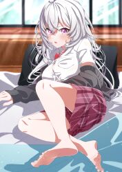 Rule 34 | 1girl, absurdres, barefoot, blush, bow, feet, highres, long hair, looking at viewer, on bed, open mouth, original, plaid, plaid shorts, purple eyes, red bow, red shorts, school uniform, shirt, shorts, silver hair, soles, toes, white shirt