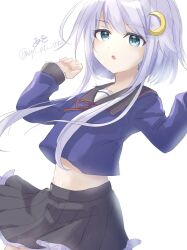 Rule 34 | 1girl, artist name, black sailor collar, black skirt, blue eyes, blue shirt, crescent, crescent hair ornament, hair ornament, highres, kantai collection, one-hour drawing challenge, pleated skirt, purple hair, sailor collar, sailor shirt, school uniform, serafuku, shirt, short hair with long locks, simple background, skirt, solo, w arms, white background, wiwo, yayoi (kancolle)