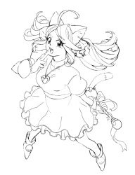 Rule 34 | 1girl, animal ear fluff, animal ears, bell, boots, breasts, cat ears, dress, gloves, hair bell, hair ornament, highres, holding, holding staff, mad mew mew, monochrome, open mouth, pom pom (clothes), simple background, sketch, staff, thighhighs, undertale