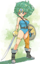 Rule 34 | 1girl, absurdres, arms at sides, asymmetrical clothes, belt, blue eyes, blue gemstone, boots, breasts, circlet, closed mouth, collarbone, commentary request, curly hair, detached sleeves, dragon quest, dragon quest iv, full body, gem, gloves, green gloves, green hair, green leotard, heroine (dq4), highres, holding, holding shield, holding sword, holding weapon, large breasts, leotard, light blush, looking to the side, muramasa mikado, orange sleeves, orange thighhighs, serious, shield, shoulder belt, single bare shoulder, single detached sleeve, single glove, single thighhigh, solo, standing, sword, thighhighs, thighlet, thighs, weapon