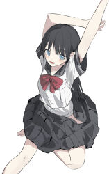 Rule 34 | 1girl, :d, absurdres, akebi-chan no serafuku, akebi komichi, arms up, barefoot, black hair, black sailor collar, black skirt, blue eyes, bow, breasts, feet out of frame, highres, looking at viewer, open clothes, open mouth, open skirt, panties, pleated skirt, qtian, red bow, sailor collar, school uniform, serafuku, shirt, simple background, skirt, small breasts, smile, solo, stretching, underwear, white background, white panties, white shirt