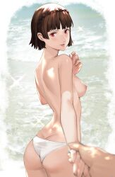 Rule 34 | 1boy, 1girl, :d, absurdres, ass, atlus, bare arms, bare back, bare shoulders, beach, bikini, bikini bottom only, blush, braid, breasts, brown hair, butt crack, commentary, crown braid, day, english commentary, foreshortening, from behind, hand on own chest, highres, holding hands, j@ck, looking at viewer, looking back, medium breasts, niijima makoto, nipples, nude, open mouth, outdoors, persona, persona 5, pov, red eyes, short hair, sideboob, smile, solo focus, sparkle, swimsuit, water, wedgie, white bikini