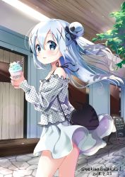 Rule 34 | 1girl, absurdres, bag, bare shoulders, black bow, blouse, blue eyes, blue hair, blush, bow, collarbone, commentary request, crescent, dated, day, drinking straw, english text, fingernails, food, gochuumon wa usagi desu ka?, hair bow, hair bun, hair ornament, heart, heart-shaped bag, heart hair ornament, highres, holding, kafuu chino, long hair, looking at viewer, looking to the side, neki (wakiko), outdoors, parted lips, polka dot, polka dot shirt, shaved ice, shirt, shoulder bag, side bun, sidelocks, sign, single hair bun, single side bun, skirt, solo, twitter username, very long hair, white shirt, white skirt, wind, wind lift, window, x hair ornament