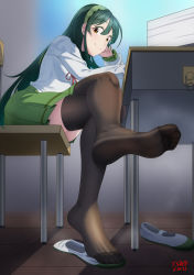 Rule 34 | 1girl, absurdres, artist name, black thighhighs, blouse, crossed legs, desk, feet, foot focus, foreshortening, green hair, hair between eyes, hairband, highres, huge filesize, long hair, looking at viewer, see-through, see-through legwear, shirt, shoes, unworn shoes, sitting, smell, smile, soles, solo, thighhighs, toes, touhoku zunko, tsa, uwabaki, very long hair, voiceroid, white shirt, yellow eyes