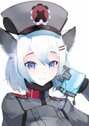 Rule 34 | 1girl, animal ears, blue archive, blue hair, canteen, closed mouth, gloves, grey gloves, grey jacket, hat, highres, holding, jacket, long sleeves, looking at viewer, medium hair, neko (ganecooo), peaked cap, purple eyes, shigure (blue archive), simple background, smile, solo, white background