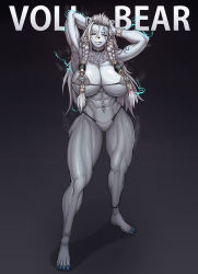 Rule 34 | 1girl, abs, absurdres, armpit hair, bikini, black sclera, blue eyes, bracelet, braid, breasts, choker, colored sclera, eyelashes, furry, furry female, hands on own head, highres, huge breasts, jewelry, kingbang, league of legends, long hair, micro bikini, muscular, muscular female, navel piercing, personification, piercing, sharp toenails, solo, standing, swimsuit, thick thighs, thighs, toenails, volibear, white hair