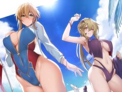 Rule 34 | 2girls, arm up, armpits, artoria pendragon (fate), artoria pendragon (lancer) (fate), artoria pendragon (lancer alter) (fate), bare shoulders, bikini, blonde hair, blue sky, breasts, cloud, dual persona, fate/grand order, fate (series), female focus, green eyes, hair between eyes, hair ornament, hairclip, hand on own chest, horse, jacket, kodama yuu, large breasts, long sleeves, multiple girls, navel, ponytail, sky, sun, swimsuit, wristband, yellow eyes