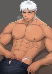 Rule 34 | 1boy, abs, absurdres, alternate costume, archer (fate), archer (summer casual) (fate), bara, brown eyes, cum, dark-skinned male, dark skin, ejaculation, fate/grand order, fate/stay night, fate (series), glasses, highres, large pectorals, male focus, male masturbation, masturbation, mikicat, muscular, nipples, pectorals, penis, penis peek, short hair, solo, topless male, uncensored, upper body, white hair