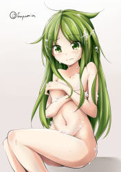 Rule 34 | 10s, 1girl, artist name, breasts, convenient censoring, covering privates, covering breasts, fuyu mi, green eyes, green hair, groin, kantai collection, long hair, matching hair/eyes, nagatsuki (kancolle), navel, nude, small breasts, soap bubbles, soap censor, solo, tears