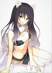 Rule 34 | 1girl, absurdres, animal ears, black hair, breasts, cleavage, grey background, highres, long hair, looking at viewer, midriff, miniskirt, navel, princess connect!, scan, shiori (princess connect!), sidelocks, simple background, sitting, skirt, small breasts, smile, solo, strapless, tail, thighhighs, tony taka, tube top, white thighhighs