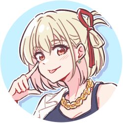 Rule 34 | 1girl, akamirai, blonde hair, chain, circle, earrings, gold chain, jewelry, looking at viewer, lycoris recoil, necklace, nishikigi chisato, portrait, red eyes, red ribbon, ribbon, short hair, single earring, smile, tongue, tongue out
