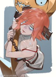 Rule 34 | 1girl, a.b.a, akisa yositake, bags under eyes, bandages, bare shoulders, blood, blood on clothes, blue eyes, border, chain, collarbone, guilty gear, guilty gear xx, highres, key, key in head, looking at viewer, object through head, open mouth, orange hair, paracelsus (guilty gear), restrained, sharp teeth, short hair, solo, stitched mouth, stitches, teeth, twitter username, white border