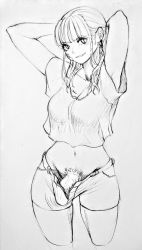 Rule 34 | 1girl, artist request, futanari, looking at viewer, monochrome, penis, smile, solo, tagme, uncensored, upper body