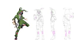 Rule 34 | animal hood, ankle boots, assault rifle, asymmetrical clothes, belga (senjuushi), boots, bracelet, bullpup, concept art, from behind, full body, gas mask, gun, hand on own hip, hand up, highres, holding, holding gun, holding weapon, holster, hood, jewelry, jumpsuit, majiro (mazurka), mask, multiple views, necktie, official art, pink hair, rabbit hood, rifle, ring, senjuushi: the thousand noble musketeers, senjuushi (series), short hair, spiked boots, standing, steyr aug, thigh holster, transparent background, trigger discipline, turnaround, weapon