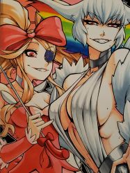 Rule 34 | 2girls, bare shoulders, blonde hair, bow, breasts, center opening, choker, cleavage, collarbone, commentary, commission, dress, drill hair, earrings, english commentary, eyepatch, flipped hair, fur trim, hair bow, harime nui, highres, holding, holding umbrella, huge bow, jewelry, jgeorgedrawz, kill la kill, kiryuuin ragyou, large breasts, long hair, looking at viewer, multicolored hair, multiple girls, navel, pink bow, pinky out, rainbow hair, red eyes, short hair, sideboob, smile, teeth, traditional media, twin drills, twintails, umbrella, white hair