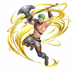 Rule 34 | 1boy, armor, axe, brown footwear, dieck (fire emblem), fire emblem, fire emblem: the binding blade, fire emblem heroes, green eyes, green hair, grey pants, holding, holding axe, mikurou (nayuta), muscular, muscular male, nintendo, official art, open mouth, pants, pauldrons, shoulder armor, single pauldron, solo, spiked pauldrons