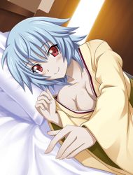 Rule 34 | 10s, 1girl, bed, blue hair, breasts, cleavage, collarbone, eyebrows, from side, indoors, infinite stratos, looking at viewer, lowres, lying, medium breasts, on side, pillow, red eyes, sarashiki tatenashi, short hair, smile, solo