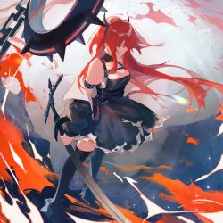 Rule 34 | 1girl, arknights, bare shoulders, collar, demon girl, demon horns, dress, high heels, highres, holding, holding weapon, horns, kneehighs, lluyss, long hair, looking down, red hair, socks, solo, spiked collar, spikes, surtr (arknights), sword, weapon