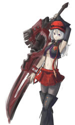 Rule 34 | 10s, 1girl, alisa ilinichina amiella, arceonn, armpits, boots, breasts, cabbie hat, elbow gloves, gloves, god eater, god eater burst, hat, huge weapon, medium breasts, midriff, navel, pantyhose, plaid, plaid skirt, single elbow glove, single glove, skirt, solo, suspender skirt, suspenders, sword, thigh boots, thighhighs, underboob, weapon