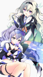 2girls :d aqua_hair aqua_skirt aqua_thighhighs black_gloves black_hairband black_shorts black_thighhighs blowing_bubbles chewing_gum commentary_request cropped_jacket crossed_bangs drill_hair drill_ponytail eyewear_on_head fingerless_gloves firefly_(honkai:_star_rail) gloves goggles goggles_on_head gradient_hair gradient_legwear grey_eyes grey_hair hair_between_eyes hair_ornament hairband hand_up highres honkai:_star_rail honkai_(series) jacket long_sleeves looking_at_viewer multicolored_hair multiple_girls open_clothes open_jacket open_mouth shirogane_hina shirt shorts silver_wolf_(honkai:_star_rail) simple_background single_drill skirt sleeves_past_wrists smile thigh_strap thighhighs white_background white_footwear white_shirt