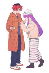 Rule 34 | 1boy, 1girl, 5o, alternate costume, beanie, black footwear, black hair, blue pants, blue sweater vest, boots, brown coat, casual, closed mouth, coat, collared shirt, colored shoe soles, contemporary, eating, fern (sousou no frieren), food, food theft, from side, full body, hat, highres, holding, holding food, long hair, long skirt, long sleeves, looking at another, multicolored hair, pants, plant roots, purple eyes, purple hair, red coat, red eyes, red hair, shirt, shoes, short hair, simple background, skirt, sneakers, sousou no frieren, standing, stark (sousou no frieren), striped clothes, striped skirt, sweater vest, takoyaki, toothpick, two-tone hair, white background, white footwear, white headwear, white shirt, white skirt, wing collar